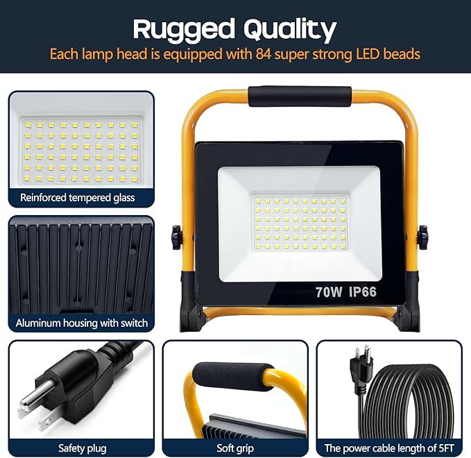 Work Lights with Stand, 1 Head LED Work Light, with Adjustable and Foldable Tripod Stand, Waterproof Lamp with Individual Switch with 6500 Kelvin Color Temperature (1 Adjustable Head)