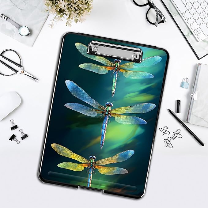 Clipboard with Storage,Office Supplies Nursing Clipboards Folder with Pen Holder Plastic Foldable Clip Board with Storage for Nurse Teacher,Green Dragonflies