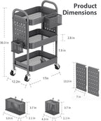 ALVOROG 3 Tier Rolling Cart with DIY Pegboards Metal Utility Cart with Wheels Handles Baskets Hooks, Storage Cart for Office Kitchen Bathroom(Gray)