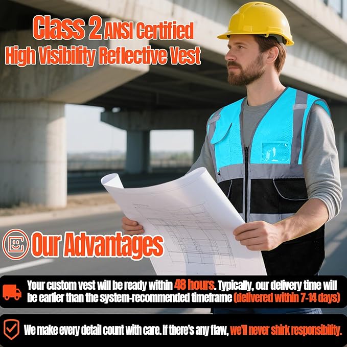 BeautyWill Custom Safety Vest Customized Logo Class 2 High Visibility Reflective Vest with Pockets Construction workwear