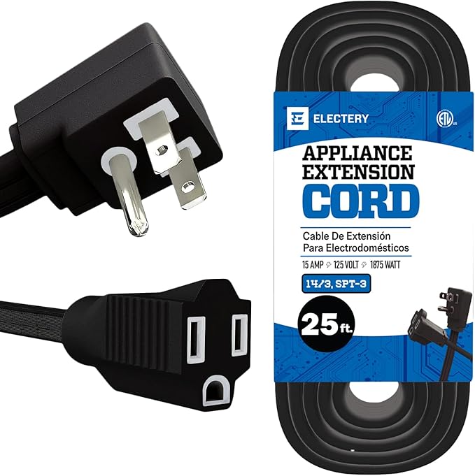 25 ft Heavy Duty Appliance Extension Cord, 14 AWG, 15A 125V 1875W, 3 Prong Flat Plug, ETL Listed, Short Power Extension Cable for Air Conditioner, Refrigerator, Microwave, Indoor Use, Black