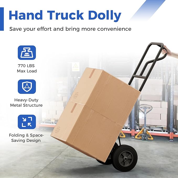 Goplus Hand Truck, P-Handle Hand Truck Dolly w/770LBS Capacity, Vertical Loop Handle, 10” Rubber Wheels, 14.5”x 8.5” Foldable Nose Plate, Heavy Duty Metal Dolly Cart for Lifting, Stairs