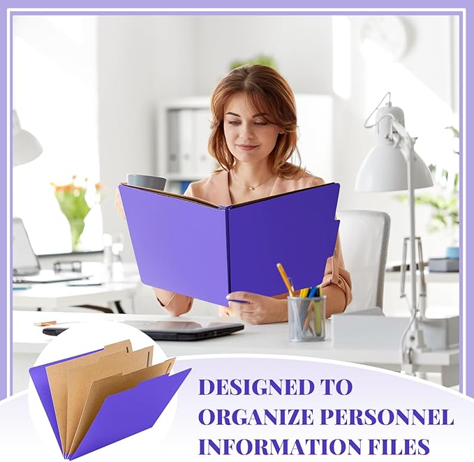 12 Pcs Classification Folders Letter Size 3 Pocket Dividers Employee File Folder with 2 Prongs Fasteners, 2 in Expansion Heavy Duty Pressboard File Holder for School Office Medical Document(Purple)