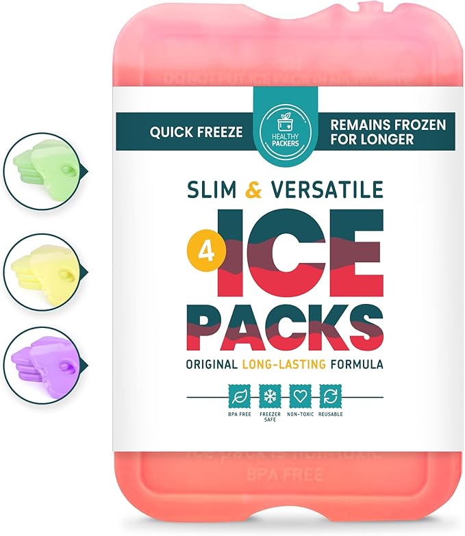 Healthy Packers Reusable Ice Packs for Lunch Boxes - Long Lasting Slim Freezer Packs, Thin Non-Toxic BPA-Free Hard Gel Ice Blocks for Coolers, Kids & Adults Lunch Bags, Travel, Camping, Food Storage