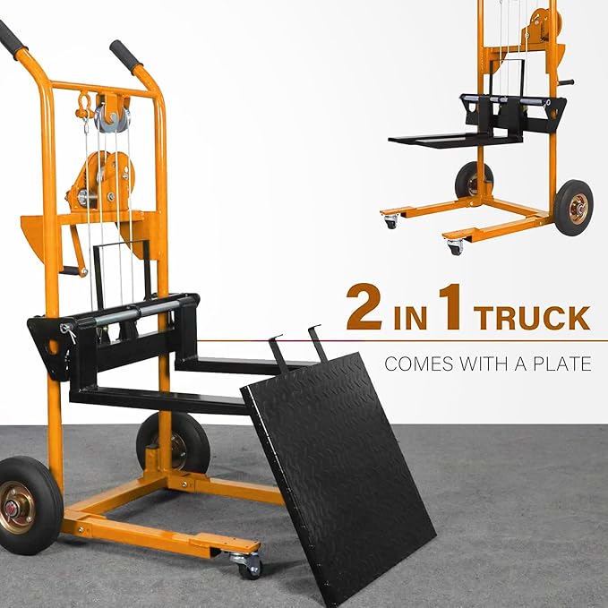 Material Lift Winch Stacker, 330 lbs Capacity Table Cart, 40.5" Lifting Height Manual Forklift Stacker, Pallet Jack Truck Dolly with Swivel Casters and Lift Plate (Yellow)