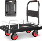 Platform Truck Cart with 3 Fence, 28"x19" Flatbed, 1100lbs Capacity Heavy-Duty Foldable Push Dolly Cart with Swivel Wheels, Foldable & Portable for Groceries, Garage,Home,Office Use, Black