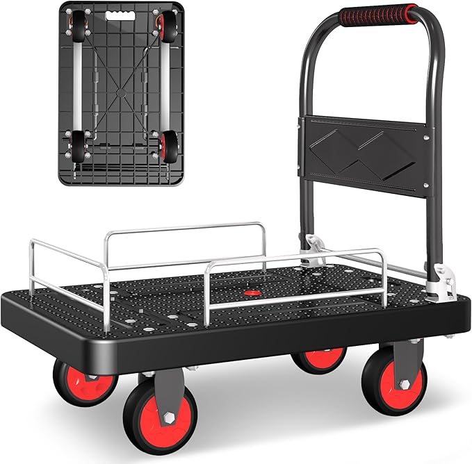 Platform Truck Cart with 3 Fence, 28"x19" Flatbed, 1100lbs Capacity Heavy-Duty Foldable Push Dolly Cart with Swivel Wheels, Foldable & Portable for Groceries, Garage,Home,Office Use, Black