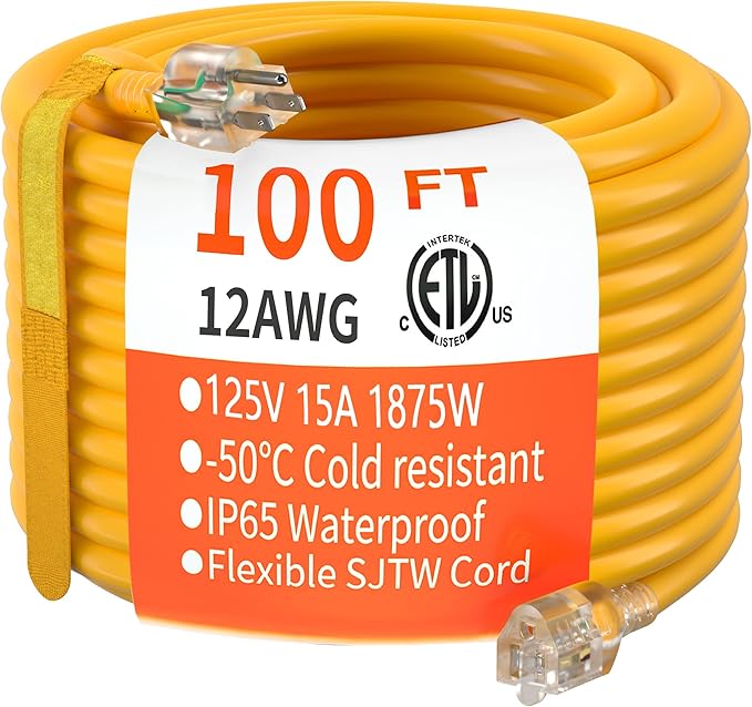 HUANCHAIN 100 ft 12/3 Gauge Heavy Duty Outdoor Extension Cord Waterproof with Lighted, Flexible Cold Weather 3 Prong Electric Cord Outside, 15A 1875W 125V 12AWG SJTW, Yellow, ETL Listed