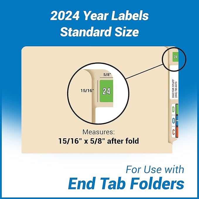 2024 Year Stickers, Doctor Stuff 2024 Chart Stickers, Green Color Coded, Data File Style, USA Made Year Labels for End Tab File Folders, 500/Roll, 1 Roll, 15/16" x 1-1/4"