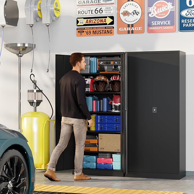 Metal Garage Storage Cabinets with Lock, 71" Tall Tool Cabinet with 2 Door and 5 Adjustable Shelves, Locking Garage Cabinets and Lockable Steel Locker for Home Office Warehouse - (Black-71”H)