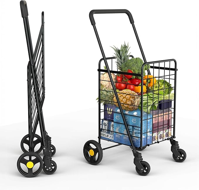 Shopping Cart w/Waterproof Basket Liner & 360° Swivel Wheels | Foldable Collapsible & Lightweight | Perfect for Groceries Laundry Utility Cart - Black