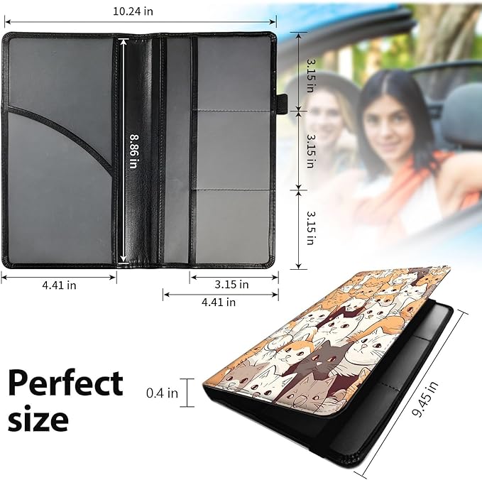 Car Registration and Insurance Holder, Leather Car Glove Box Organizer, Cool Car Accessories for ID, Driver's License Cards & Essential Document,business cards,Men&Women,Cute Funny Cats
