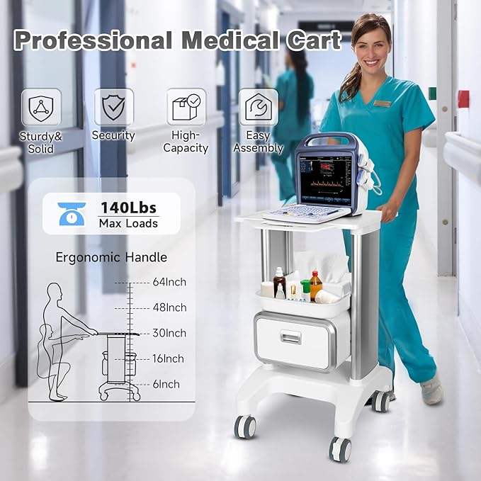 Medical Trolley Mobile Ultrasound Cart 135 LBS Load Professional Portable Storage Cart with 4 Silent Wheels Tray for Hospital Dental Clinic Beauty Salon Office Bedroom