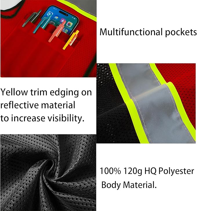 Safety Vest Customize Logo with 5 Pockets & Zipper Reflective High Visibility Vest Class 2 Outdoor Workwear