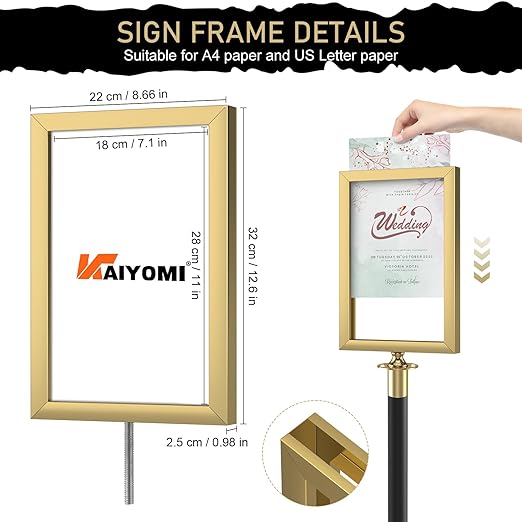 kaiyomi 8Pcs Stanchions Posts Velvet Ropes with Red Carpet and Sign Frame, Water or Sand-Fillable Base, Suitable for 8.5" x 11" A4 Paper Size Sign Frame for Red Carpet Party Decoration (Black&Golden)