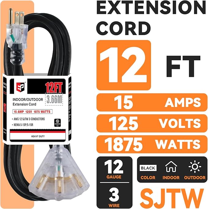 EP 12 Ft 12 Gauge Heavy Duty Extension Cord, 15A 125V 1875W, 3 Outlet Indoor/Outdoor Power Cord with Lighted End, 12/3 SJTW Weatherproof Black, UL Listed