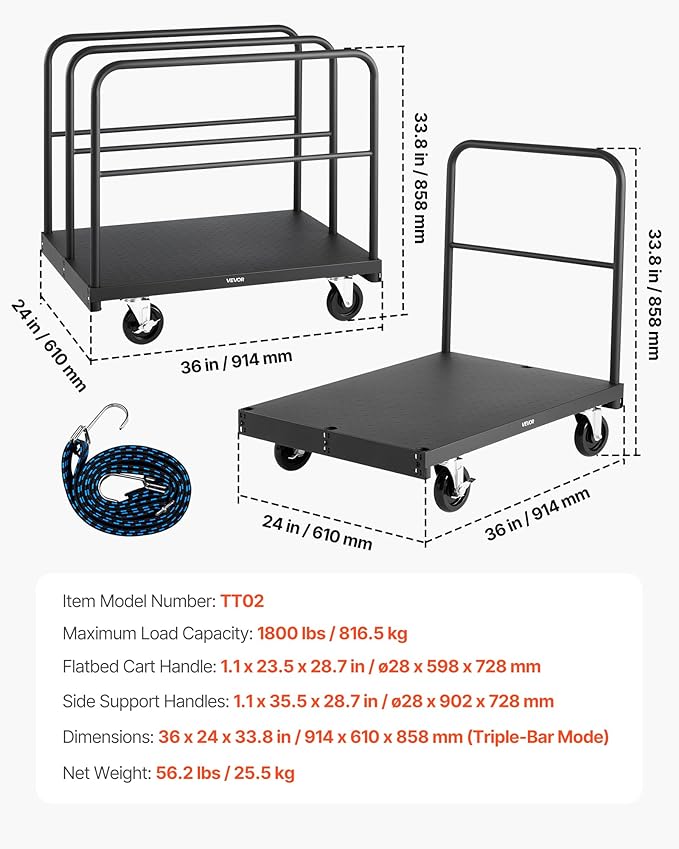 VEVOR Drywall Cart Dolly, 1800 lbs Load Capacity, 2-in-1 Steel Panel Truck Cart with 5 inch Swivel Casters, 36 x 24 inch Platform Truck with 4 Side Handrails for Factory, Warehouse, Garage, Black