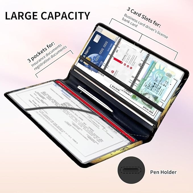 Premium Car Registration and Insurance Card Holder, Cute PU Leather Car Document Holder, Vehicle Glove Box Car Organizer with Magnetic Closure for Driver License, Cards Golden Sun and Moon