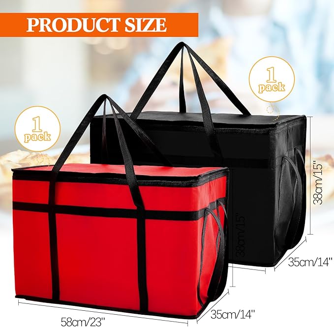 Maxcheck 2 Pcs Insulated Bags for Food Delivery XXXL Large Capacity Hot Grocery Tote Bag Reusable Warming Pizza Catering Carrier for Commercial Travel Lunch Shopping Gifts (Red and Black)