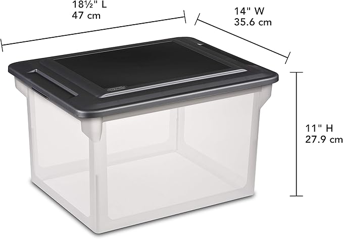 Sterilite File Box, Stackable Storage Bin with Lid, Plastic Container to Organize Taxes, Papers in the Home, Office, Clear Base with Black Lid, 4-Pack
