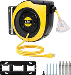 65FT Retractable Extension Cord Reel, 12AWG/3C SJTOW Heavy Duty Power Cord with Lighted Triple Outlets, 15A Circuit Breaker, 180° Swivel Removable Bracket for Wall/Ceiling Mount, UL Listed