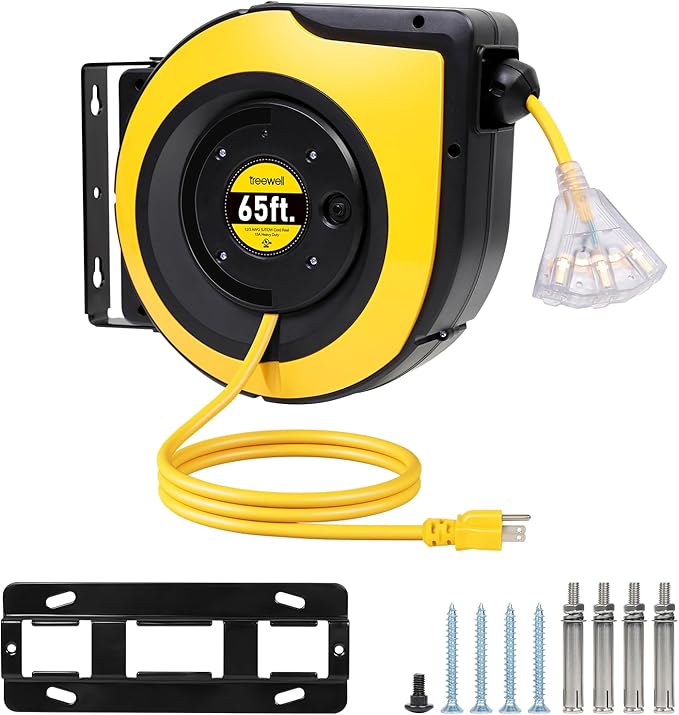65FT Retractable Extension Cord Reel, 12AWG/3C SJTOW Heavy Duty Power Cord with Lighted Triple Outlets, 15A Circuit Breaker, 180° Swivel Removable Bracket for Wall/Ceiling Mount, UL Listed