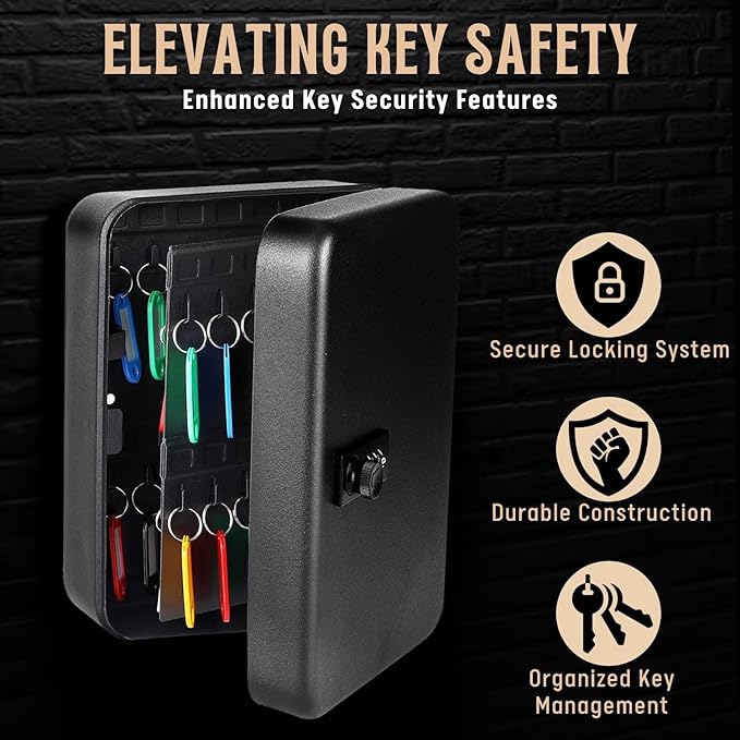 Flexzion Key Box Wall Mount with Code - Black Key Cabinet Lock Box Key Storage Box Wall Mount with Combination Lock, Secured Key Organizer Box with 48 Colored Key Holder for Homes, Office, Apartments