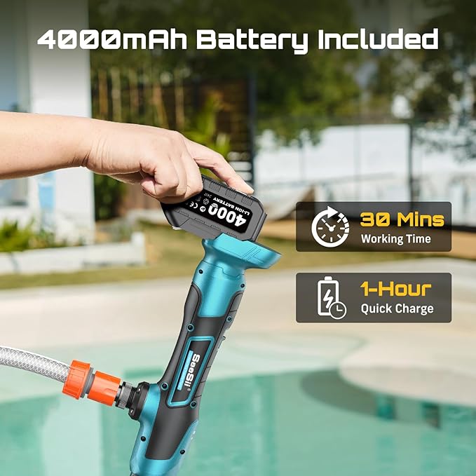 SEESII Cordless Stick Water Transfer Pump, with 4000mAh 21V Battery & Charger, 720GPH, 32FT Head, Handheld Portable Utility Sump Pump Kit with 3/4" Outlet for Pool/Garden/Pond/RV/Boat Draining