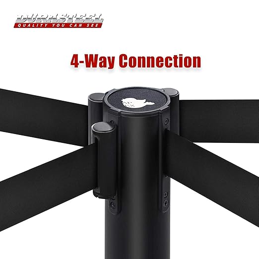 DuraSteel Crowd Control Barriers Stanchions with Retractable Belts & Sign Holder - Metal Stanchion Posts w/ 6.5ft Black Retractable Barrier Belt Ropes - Queue VIP Safety Line Dividers - Set of 6 Poles