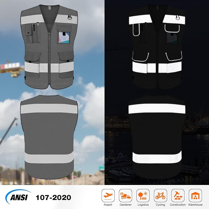 TCCFCCT Mesh Safety Vest for Men Women 9 Pockets High Visibility Reflective Vest for Safety, Work Vest with Reflective Strips, Meets ANSI/ISEA Standards, (Grey, X-Large)