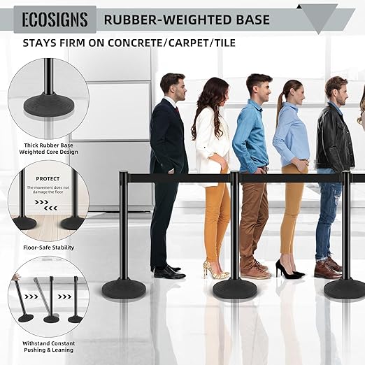 ECOSlGNS 6 Pack Commercial-Grade Stanchions with Retractable Belts - Black Stanchion Posts Set Crowd Control Barriers 10ft Line Dividers with Weighted Rubber Base & Sign Holders for Queue Management