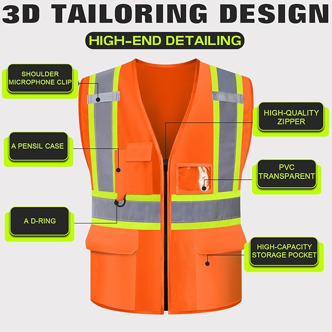 Safety Vest Customize Logo with 5 Pockets & Zipper Reflective High Visibility Vest Class 2 Outdoor Workwear