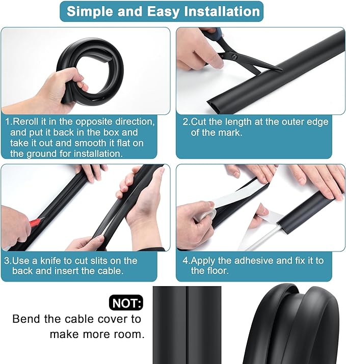 3FT PVC Cord Hider, Black Floor Cord Protector with 0.7 x 0.4 Inch Extension, Soft Wire Covers