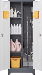 FLEXIMOUNTS 65'' Tall Metal Storage Cabinet with Locking Door, Large Cleaning Tool Organizer for Brooms, Garage, Laundry Room, Bathroom, Grey-White