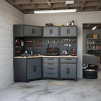 Garage Storage Cabinet System 8-Pcs Garage Cabinets and Storage System Corner Workshop Set with Corner Cabinet, Cabinet Drawers, Workbench, Pegboard for Tool Organization, Black and Grey