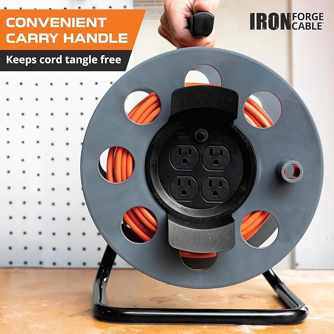 IRON FORGE CABLE 75 Ft Extension Cord Reel with 4 Electrical Power Outlets & Breaker Switch - 16/3 SJTW Heavy Duty Orange Cable with 3 Prong Grounded Plug, Portable Cord Reel