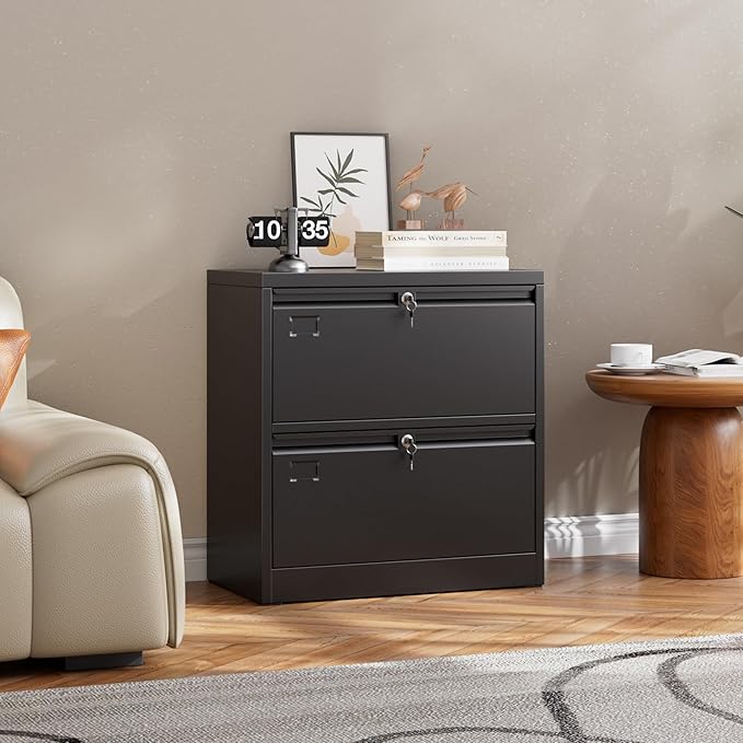 SUXXAN 2 Drawer File Cabinet, Lateral Filing Cabinet with 2 Locks for Home Office, Black File Cabinets with Business Card Holder for Letter/Legal/F4/A4 Hanging Files