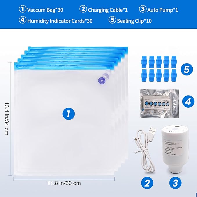 3D Print Filament Storage Bag Vacuum Kits - 30Pcs Cleaning Drying Sealed Bags with 30Pcs Humidity Indicator Cards & Auto-Pump