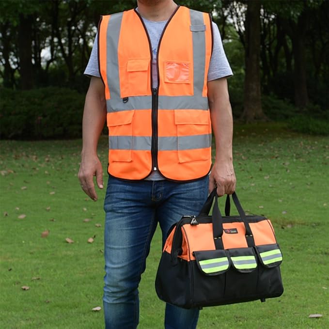 zojo High Visibility Safety Vests With Pockets, for Outdoor Works, Cycling, Jogging, Walking,Sports - Fits for Men and Women (Pack of 10, XL-Neon Orange)