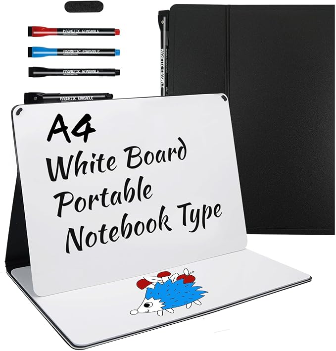 Portable White Board Small Dry Erase Board, 9" x 12" Double Sided Folding Whiteboards with 3 Pens, A4 Reusable Notebook with Storage Mesh Bag for Study, Meeting, Draft, Notes, Doodling