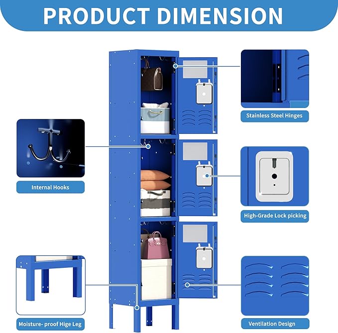 3 Doors Locker for Employees, Metal Locker Storage Cabinet for Home Office School Gym, Lockable, Require Assembly(Blue)