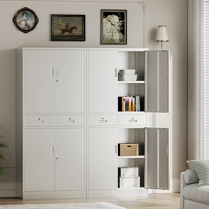 Metal Storage Cabinet with 2 Drawers 71" H,White Metal Garage Cabinets with 2 Lockable Doors and Adjustable Shelves Easy to Assemble for Home Office, Kitchen,Pantry,Garage,Warehouse