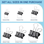 208 PCS Binder Clips Assorted Sizes – 0.6"-2" Black Metal Paper Clamps, Micro and Mini/Small/Medium/Large/Extra Large Binder Clips Set, Canned Office Supplies for Home/School