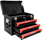 3 Drawers Metal Tool Box, 19" Heavy Duty Steel Tool Chest w/Key Lock & Handle, Multi-Function Top Storage Tray Toolbox w/Powder Coating & Ball Bearing Slides for Garage & Workshop(Black+Red)