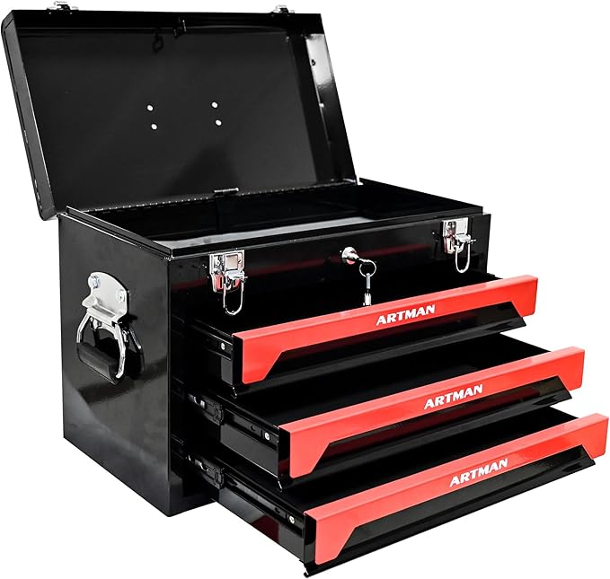3 Drawers Metal Tool Box, 19" Heavy Duty Steel Tool Chest w/Key Lock & Handle, Multi-Function Top Storage Tray Toolbox w/Powder Coating & Ball Bearing Slides for Garage & Workshop(Black+Red)