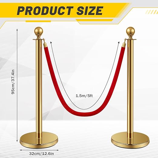 Ferraycle 12 Pcs Stainless Steel Stanchions Post Queue 5 ft Carpet Ropes and Poles Crowd Control Barriers Sand Injection Hollow Base and Velvet Ropes Set for Party Supplies(Gold, Red)
