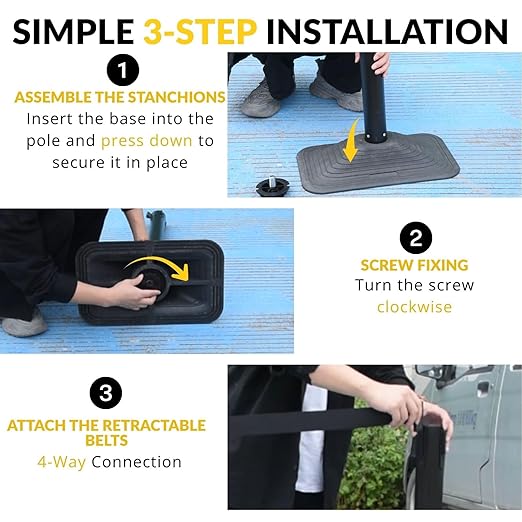 4-Pack 36" Yellow Crowd Control Stanchions, Heavy-Duty Rubber Rectangular Base with Space-Saving Design, 10ft Retractable Belt, Perfect for Indoor & Outdoor Safety Barriers