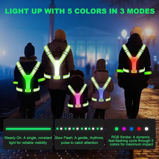 Reflective Running Gear with Led Armband Rechargeable, 5 Colors Lights Up Reflective Running Vest Rechargeable for Night Walking Running Cycling Jogging, Adjustable Size for Men Women Kids