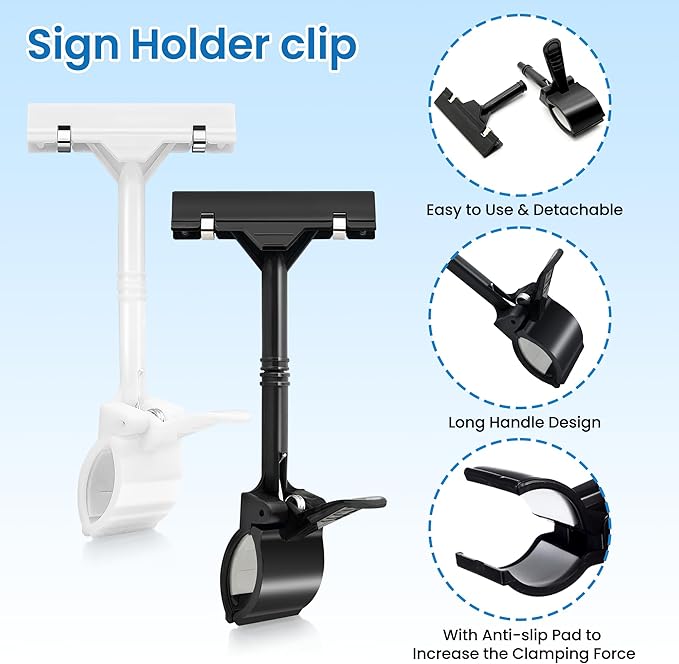 Mlici Sign Clips Merchandise Sign, Plastic Adjustable Clip Sign Holder Stand POP Clamp, 8 Pieces Clip-on Style Double Head Display Clips Rotating Swivel Sign Tag for Shelf Label Card