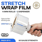 IDL Packaging 3"x 1000' Stretch Wrap Mini Roll of 80 Gauge (4 Rolls) with Plastic Handle - Extra Sticky Clear Plastic Wrap Film - Great for Moving and Office Needs - Self-Adhesive Wrap Packaging